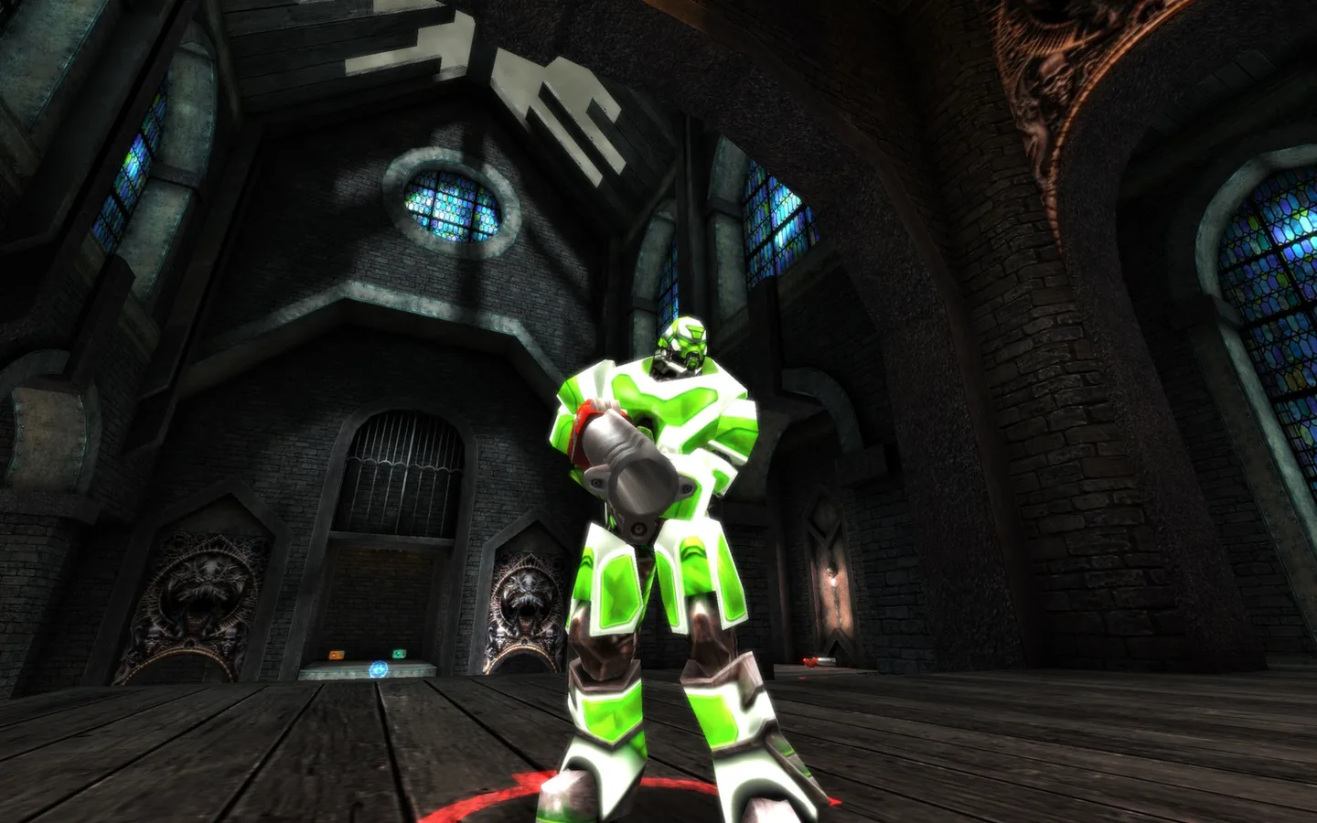 Real Quake Live gameplay showing a vivid green-and-white player model against a dark arena